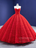 Vintage Ruffled Tulle Princess Ball Gown Strapless Red Quince Dress 67301 viniodress