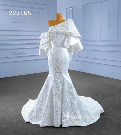Vintage Satin Mermaid Wedding Dresses Ruffle Sleeves 222165-wedding dresses 2025 -Viniodress-Ivory-Custom Size-