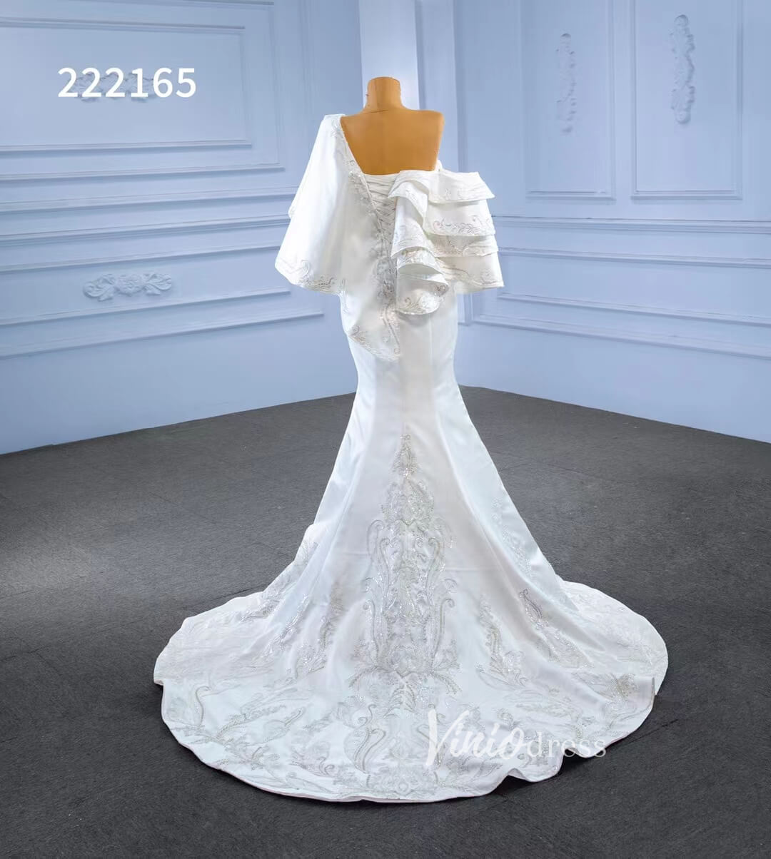 Vintage Satin Mermaid Wedding Dresses Ruffle Sleeves 222165-wedding dresses 2025 -Viniodress-Ivory-Custom Size-