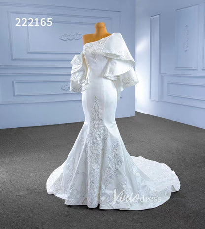 Vintage Satin Mermaid Wedding Dresses Ruffle Sleeves 222165-wedding dresses 2025 -Viniodress-Ivory-Custom Size-
