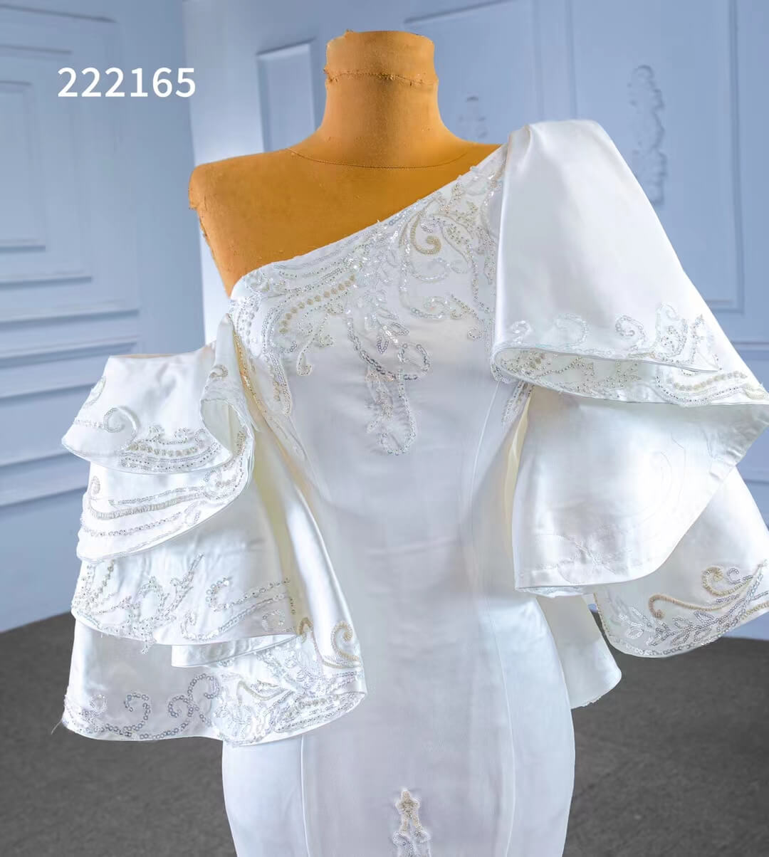 Vintage Satin Mermaid Wedding Dresses Ruffle Sleeves 222165-wedding dresses 2025 -Viniodress-Ivory-Custom Size-