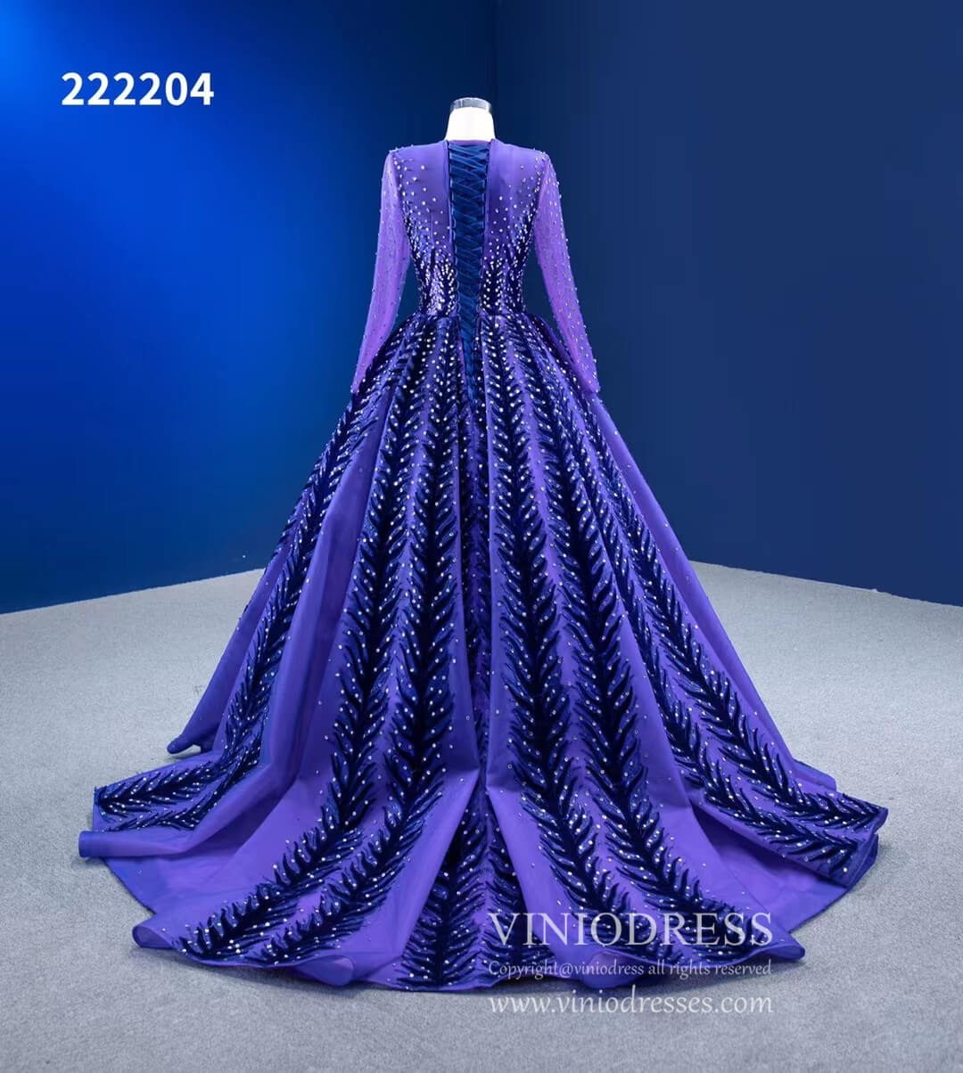 Violet Blue Ball Gowns Beaded Long Sleeve Wedding Dress 222204-Quinceanera Dresses-Viniodress-Viniodress