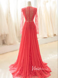 Watermelon Red Long Sleeve Prom Dresses Pleated Tulle Evening Gown FD3421-prom dresses-Viniodress-Viniodress