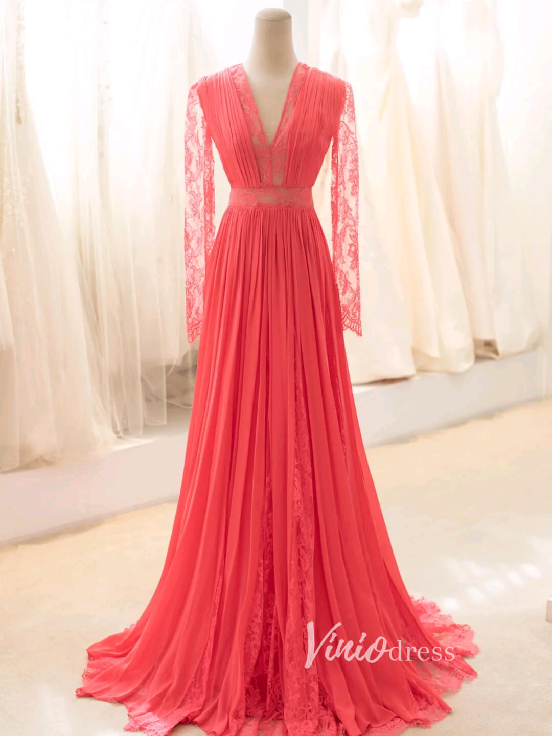 Watermelon Red Long Sleeve Prom Dresses Pleated Tulle Evening Gown FD3421-prom dresses-Viniodress-Watermelon Red-Custom Size-Viniodress