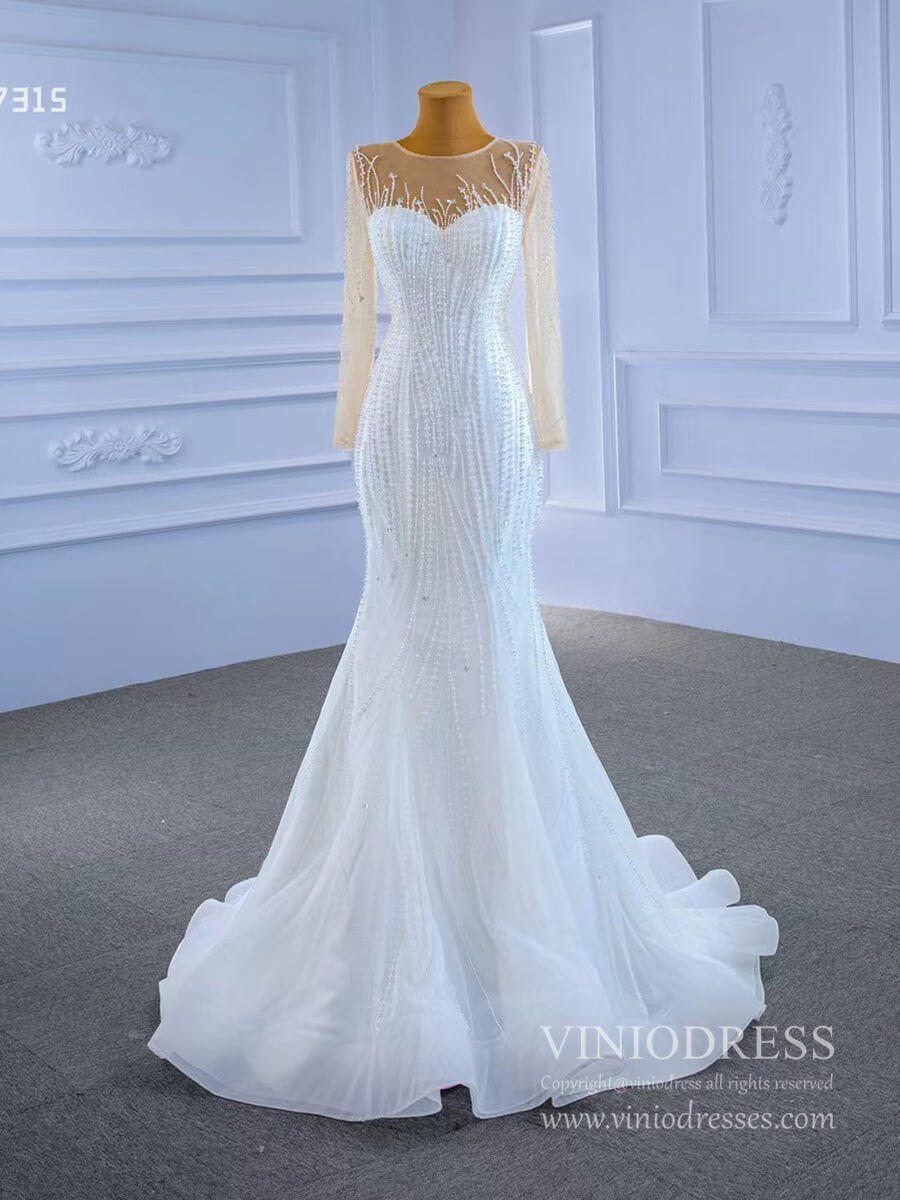 Beaded Mermaid Overskirt Wedding Dresses with Long Sleeves 67315-wedding dresses-Viniodress-Viniodress