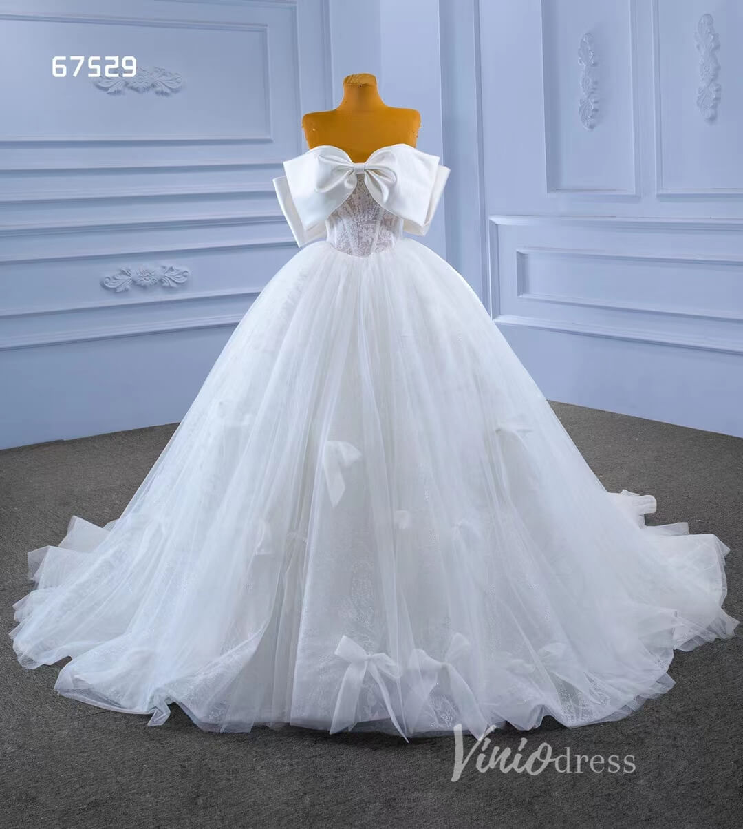 Big Bow tie Wedding Dresses Glittery White Ball Gown 67529-wedding dresses-Viniodress-Viniodress