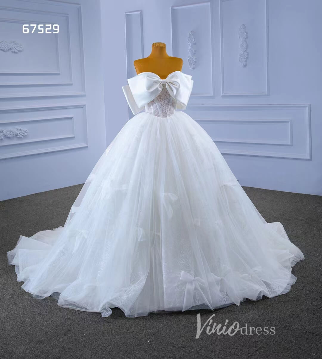 Big Bow tie Wedding Dresses Glittery White Ball Gown 67529-wedding dresses-Viniodress-Viniodress