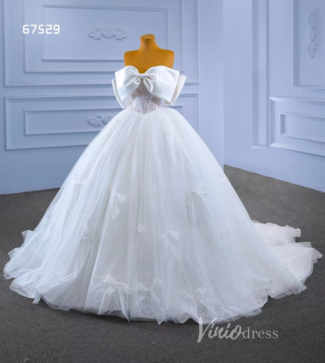 Big Bow tie Wedding Dresses Glittery White Ball Gown 67529-wedding dresses-Viniodress-Viniodress