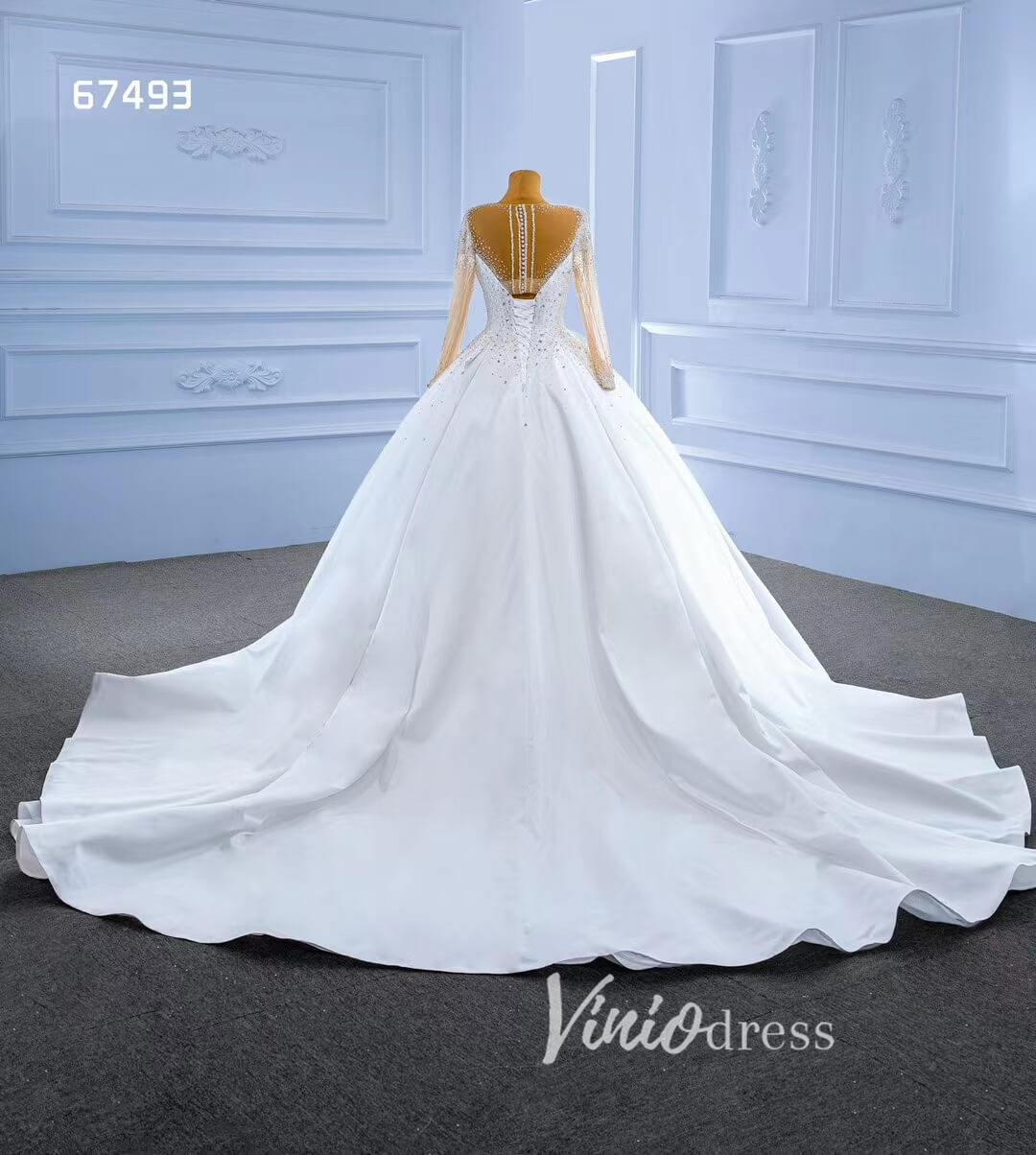 Long Sleeve Satin Ball Gown Wedding Dresses 67493-wedding dresses-Viniodress-Viniodress