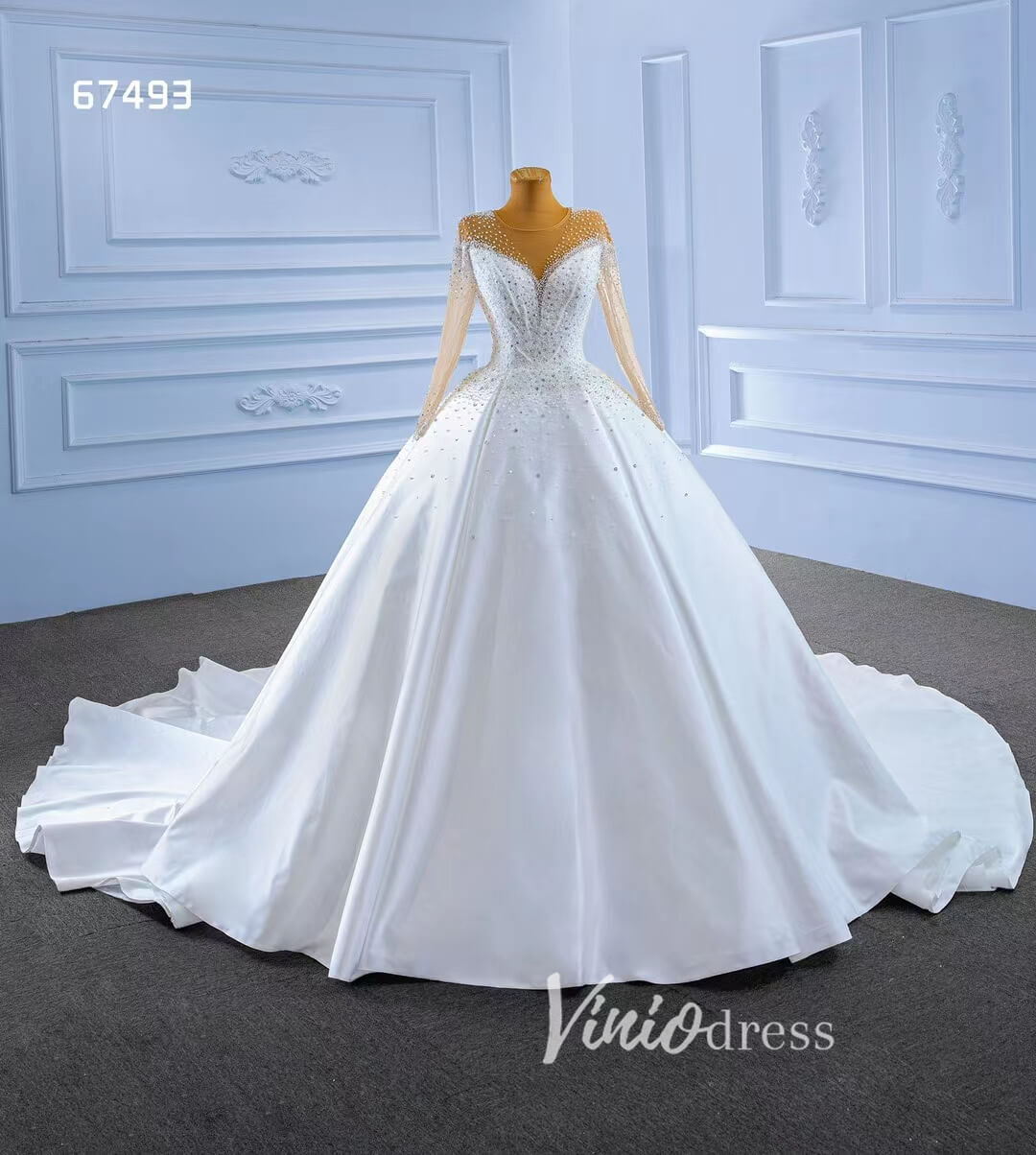 Long Sleeve Satin Ball Gown Wedding Dresses 67493-wedding dresses-Viniodress-Viniodress