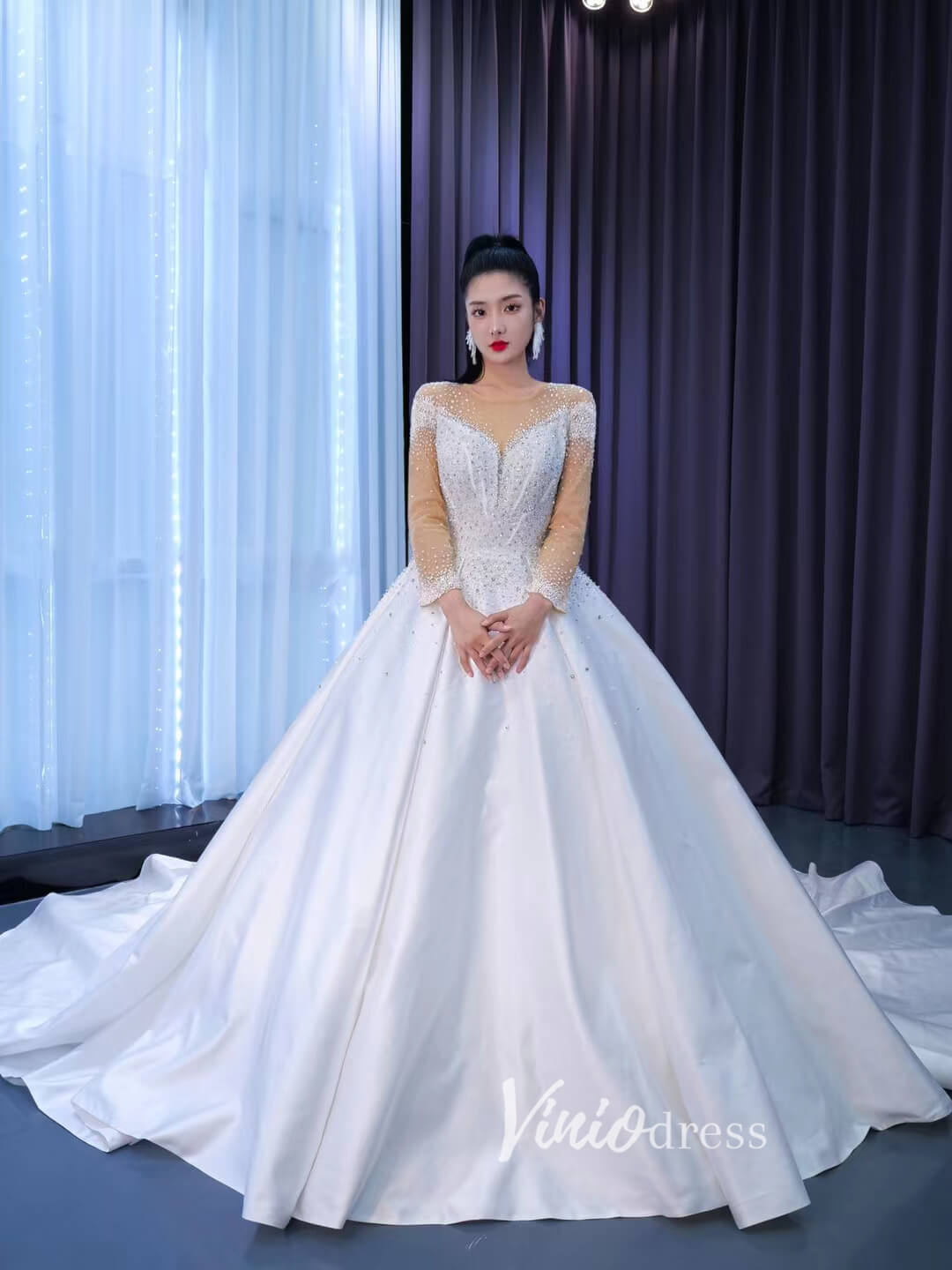 Long Sleeve Satin Ball Gown Wedding Dresses 67493-wedding dresses-Viniodress-Ivory-Custom Size-Viniodress