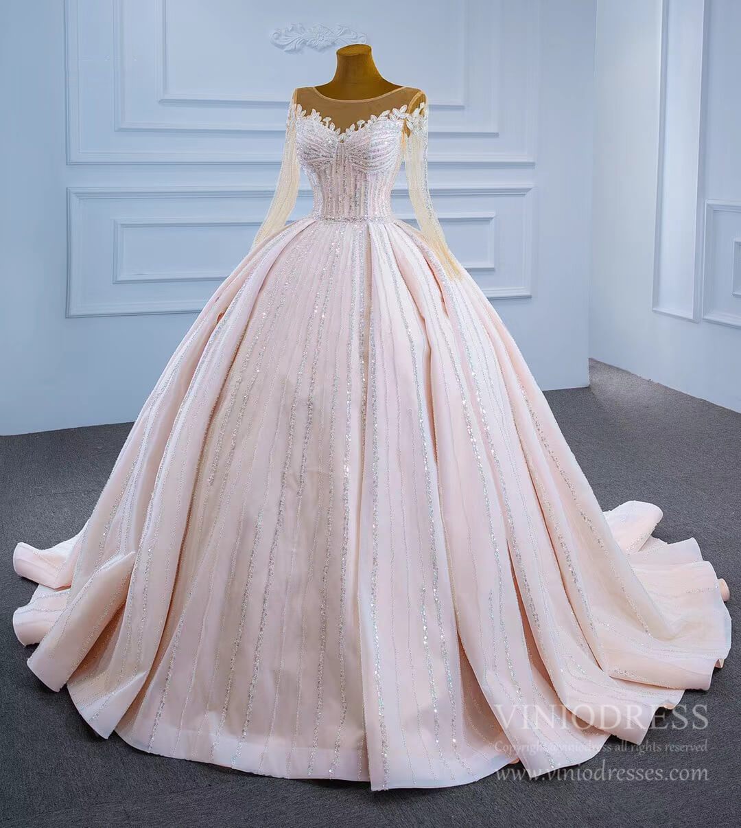 Luxury Beaded Blush Ball Gown Wedding Dress with Sleeves VW1972-wedding dresses-Viniodress-Viniodress