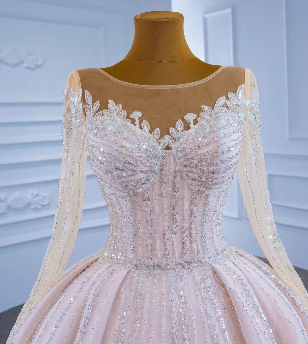 Luxury Beaded Blush Ball Gown Wedding Dress with Sleeves VW1972-wedding dresses-Viniodress-Viniodress