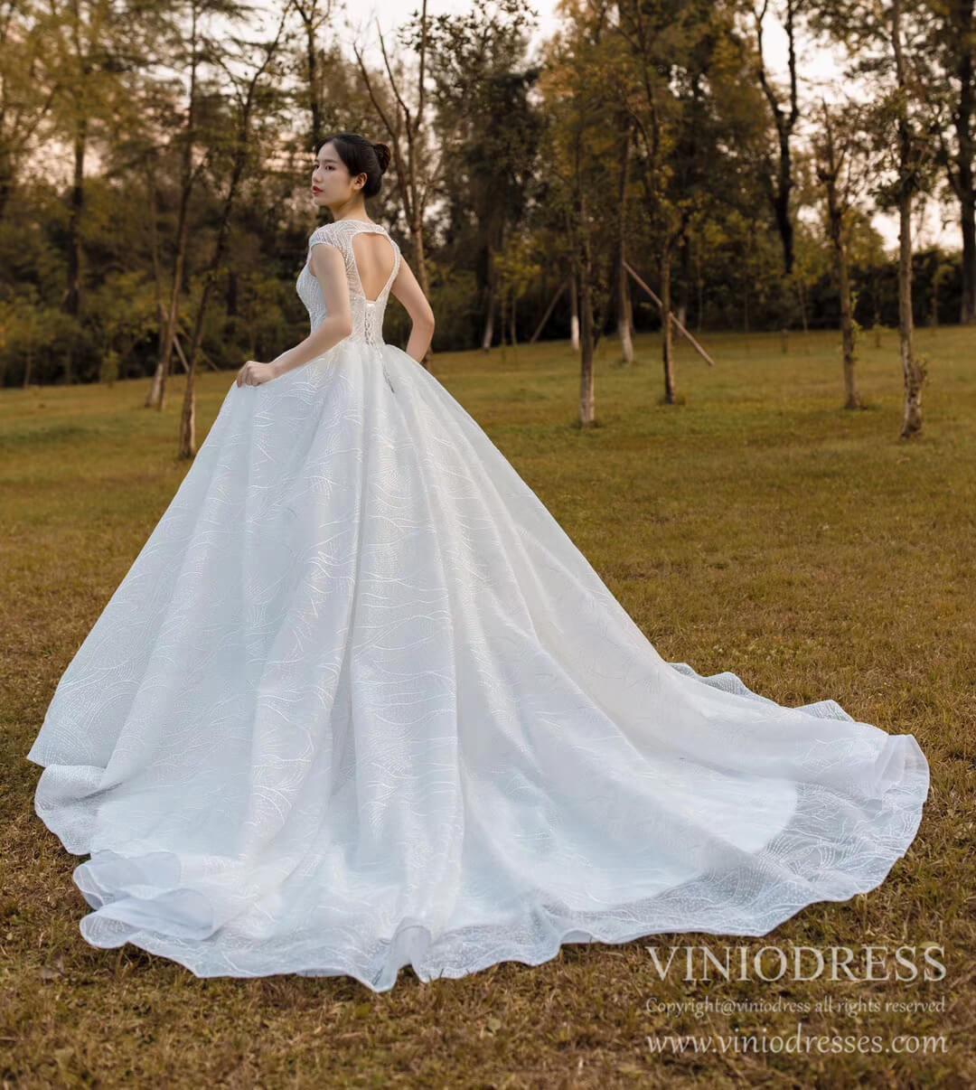 Open Back Cap Sleeve Lace Wedding Dresses Ball Gowns VW1752-wedding dresses-Viniodress-Viniodress