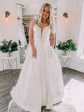 Plunging V-neck Spaghetti Strap Satin Wedding Dresses with Pockets VW1846B-wedding dresses-Viniodress-Ivory-Custom Size-Viniodress