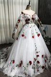 White Lace Floral Prom Dresses with Long Sleeve FD1046