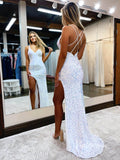 White Mermaid Sequin Prom Dresses With High Slit V-Neck Evening Dress FD2921-prom dresses-Viniodress-Viniodress