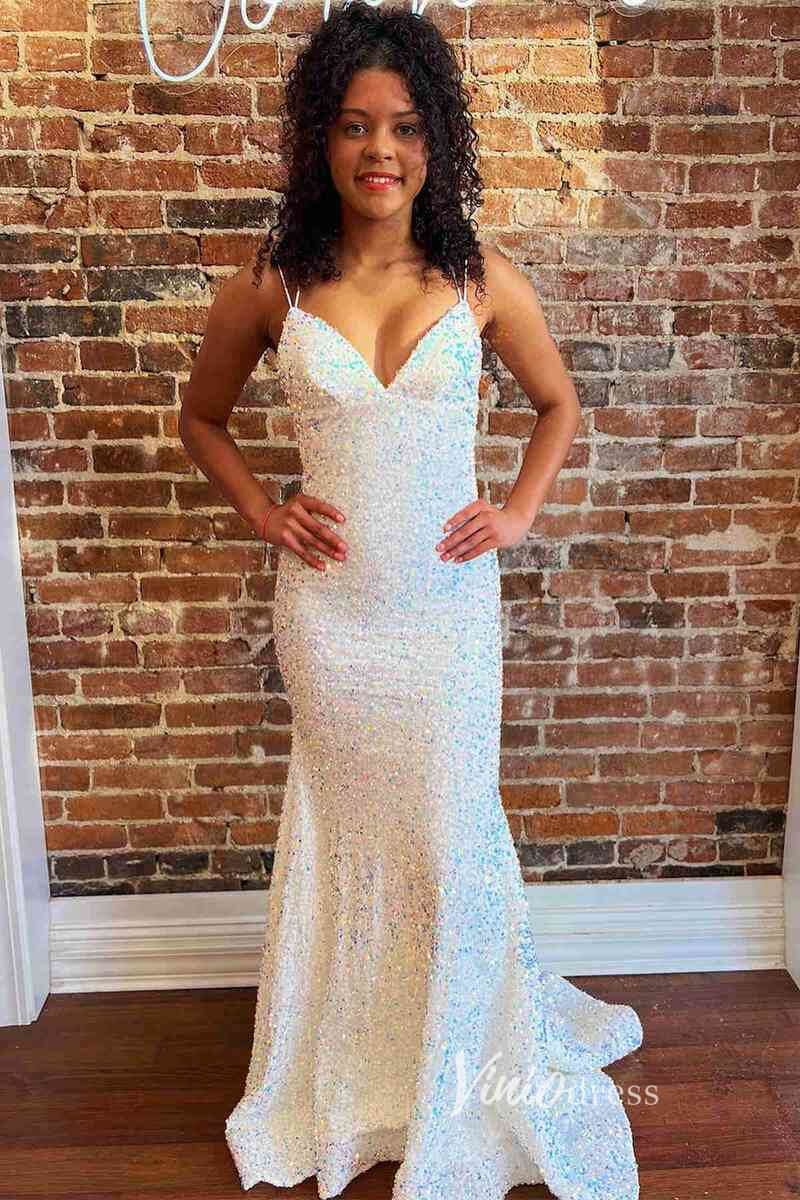 White Sequin Prom Dresses Spaghetti Strap Mermaid Evening Dress FD3397-prom dresses-Viniodress-White-Custom Size-Viniodress