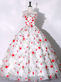 White Strapless Ball Gown Red Floral Quinceanera Dresses FD3533