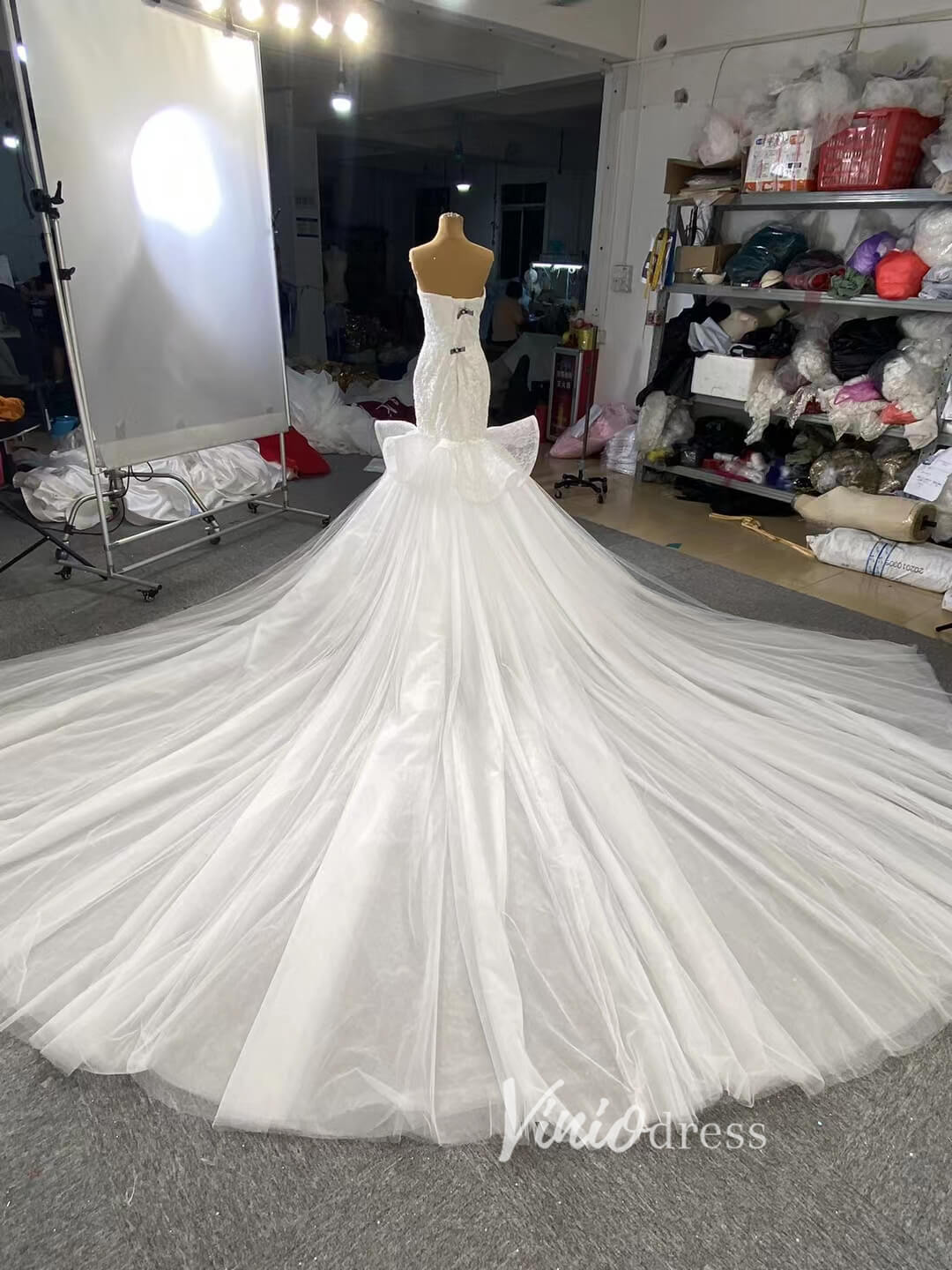 White Tulle Mermaid Wedding Dresses Cathedral Train 66765-wedding dresses-Viniodress-Viniodress