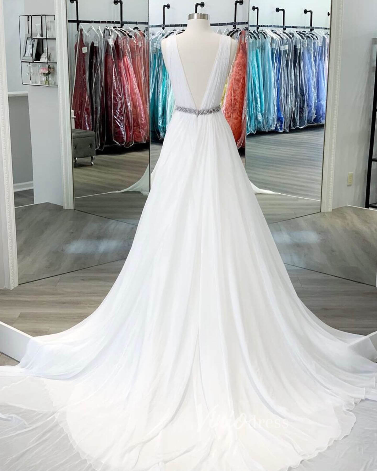 White V-Neck Prom Dresses Chiffon Wedding Dress FD3038-wedding dresses-Viniodress-Viniodress