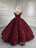 Wine Red Shiny Ball Gown for Women 66991 Round Neck, Cap Sleeve-prom dresses-Viniodress-Viniodress