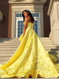 Yellow 3D Floral Satin Prom Dresses Crisscross Spaghetti Strap Prom Gown FD1266