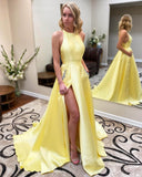 Yellow Halter Satin Prom Dress with Pockets, Slit FD1655
