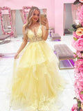 Yellow Lace Applique Prom Dresses Plunging V-Neck Evening Dress FD3204