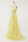 Yellow Lace Applique Prom Dresses Spaghetti Strap Formal Gown FD1265-prom dresses-Viniodress-Viniodress