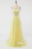 Yellow Lace Applique Prom Dresses Spaghetti Strap Formal Gown FD1265