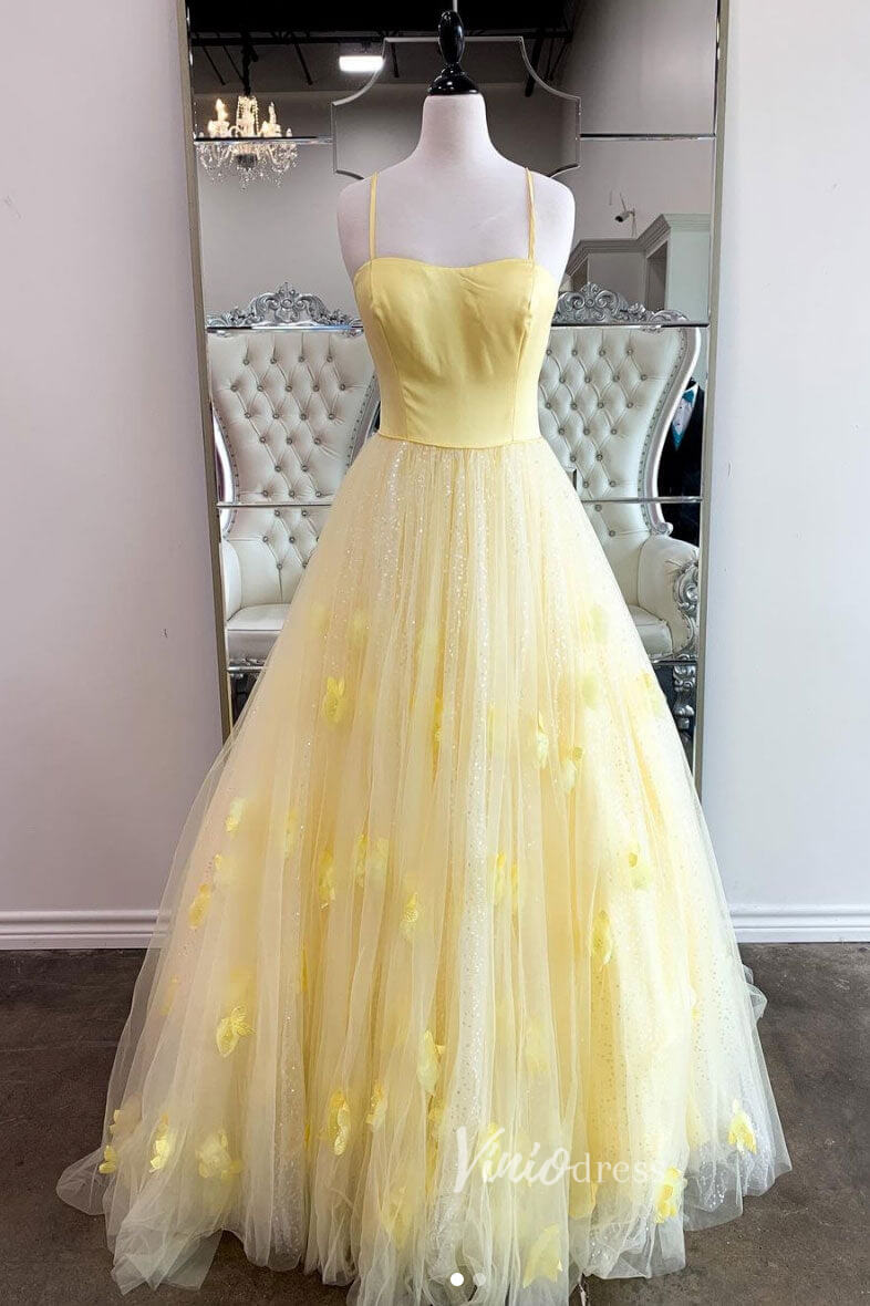 Yellow Spaghetti Strap Prom Dresses 3D Flower Evening Dress FD3056-prom dresses-Viniodress-Yellow-Custom Size-Viniodress