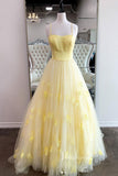 Yellow Spaghetti Strap Prom Dresses 3D Flower Evening Dress FD3056